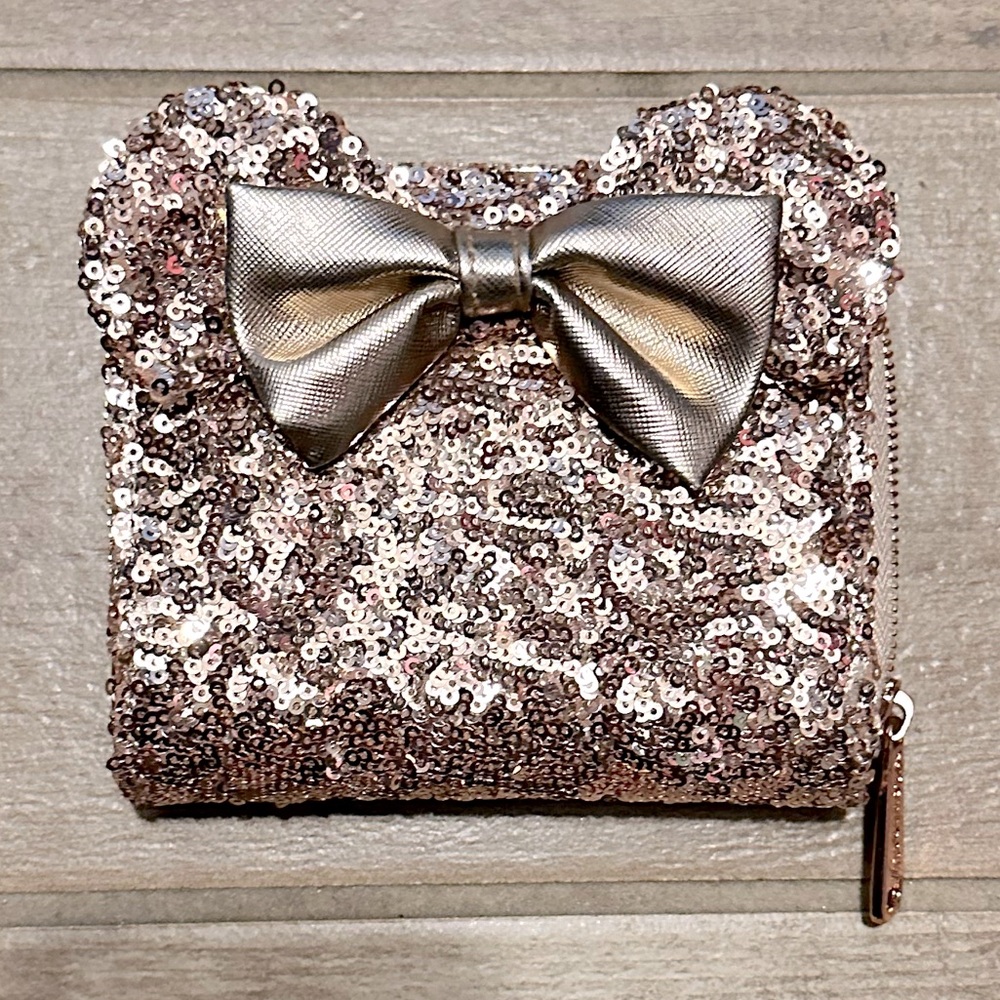 EUC - Loungefly - Disney Parks - Rose Gold Pink Sequin Minnie Mouse - Wallet